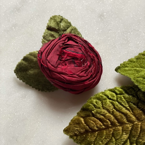 Red Dupioni Silk Rose & Velvet Leaf Hair Clip - Picture 2 of 9